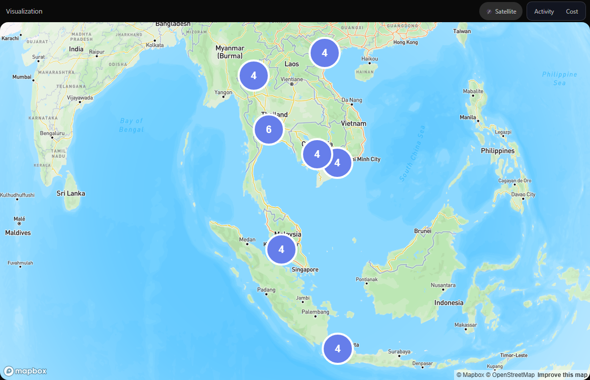 A map of Southeast Asia with grouped markers showing how many venues were visited near each place.